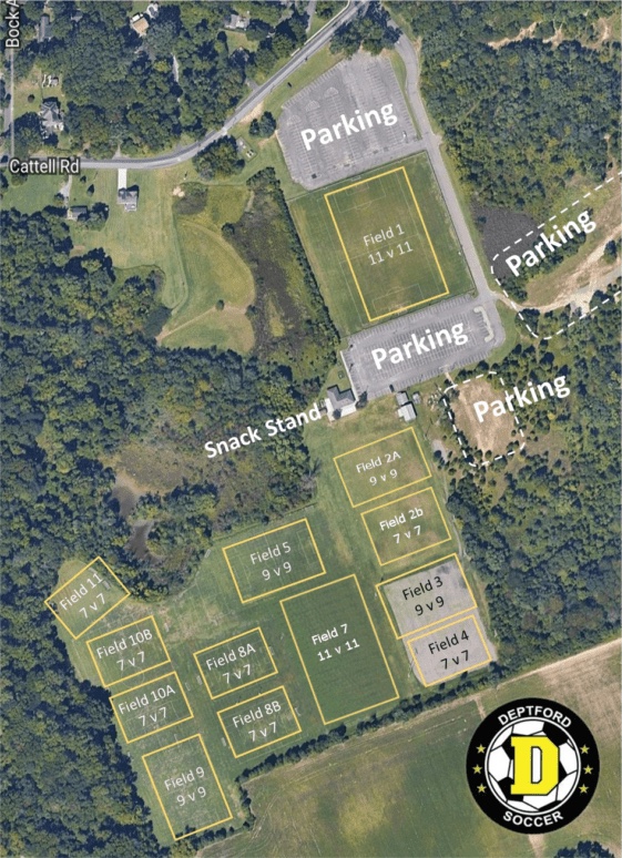 Aerial map of the Cattell Complex tournament layout. Field 1 (11 v 11) sits between the two main parking lots off Cattell Road, with the snack stand beside the lower lot. South of it are Fields 2A (9 v 9), 2b (7 v 7), 3 (9 v 9), 4 (7 v 7), 5 (9 v 9), 7 (11 v 11), 8A and 8B (7 v 7), 9 (9 v 9), 10A and 10B (7 v 7) and 11 (7 v 7). Extra parking areas are to the east.